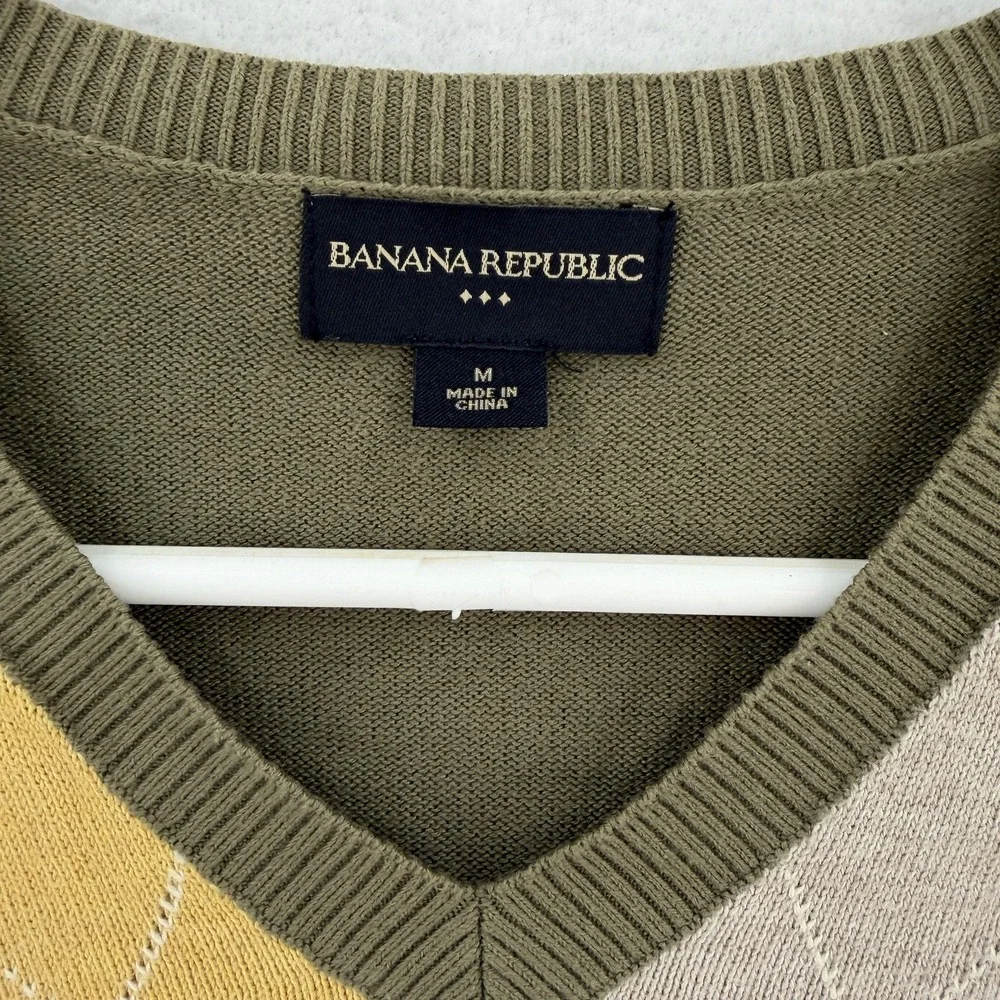 Banana Republic Sweater Mens Medium Olive‎ Green Argyle V Neck Pullover Preppy